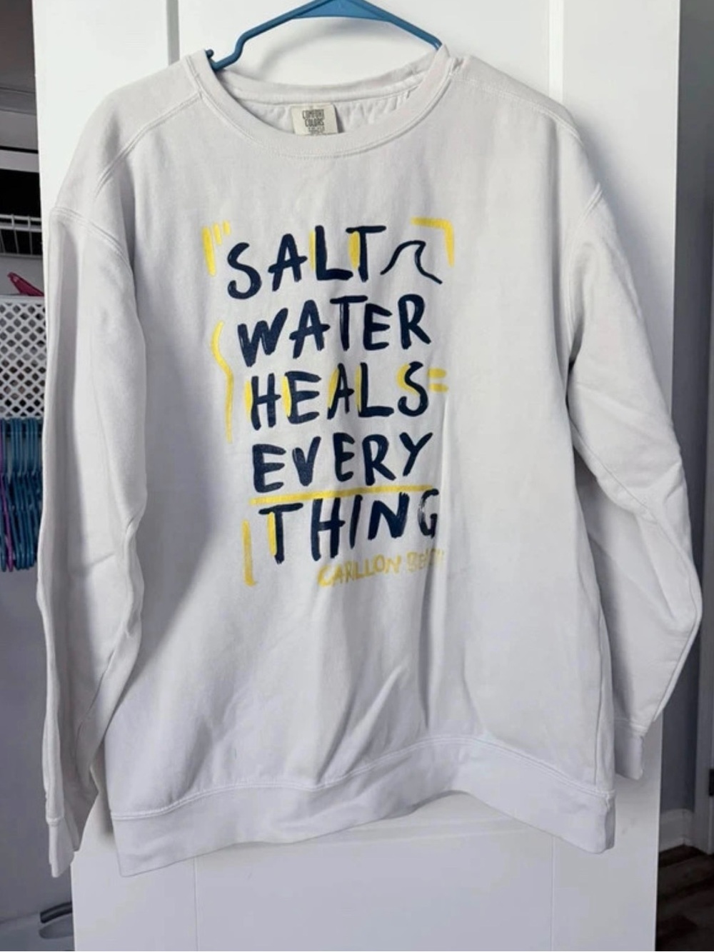 Comfort Colors White Crewneck Sweatshirt with Navy & Yellow Graphic